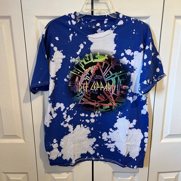 Def Leppard Hysteria Neon Band Tee Bleach Tie Dye Blue White Medium NWOT - Picture 1 of 5